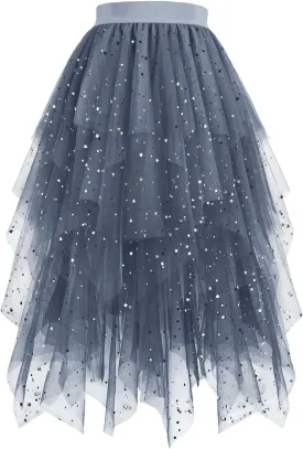 Women's Sequin Mesh Tulle Skirts High Low Layered A-line Skirt Midi Length Irregular Tutu Skirt for Women 2025