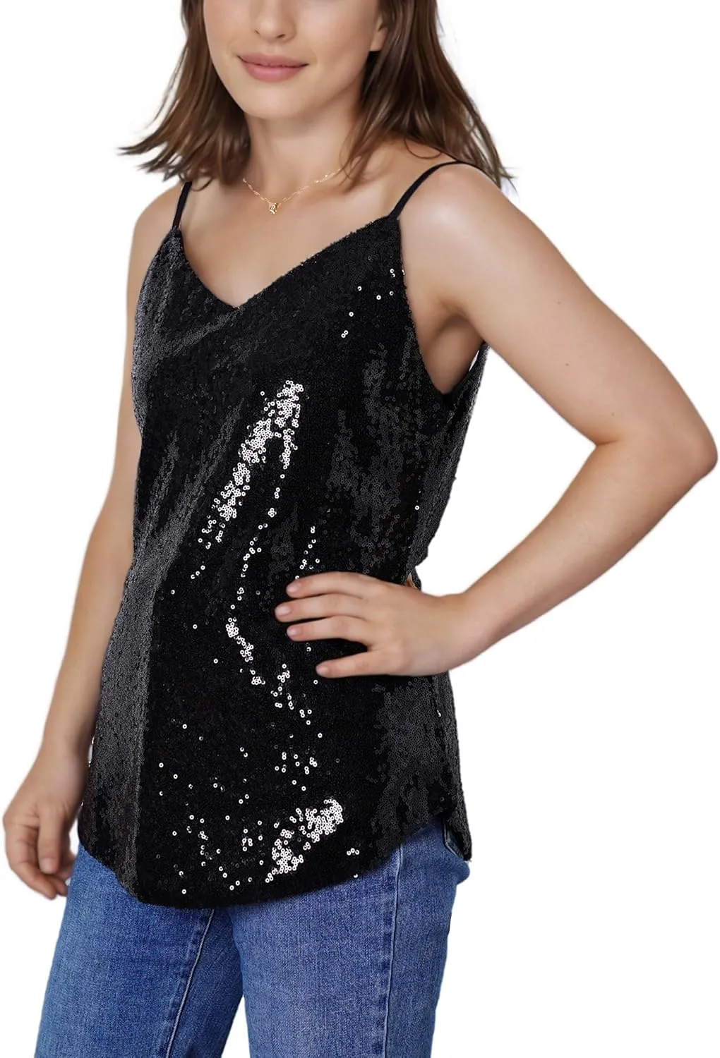 Womens Sequin Tank Top Sparkly V Neck Sleeveless Cami Top Shimmer Glitter Camisole Summer Going Out Vest