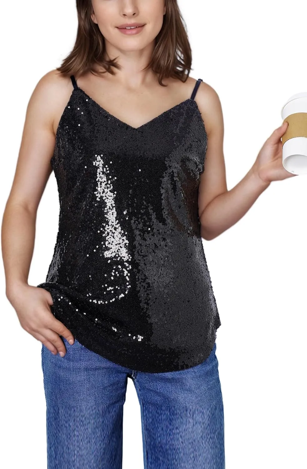 Womens Sequin Tank Top Sparkly V Neck Sleeveless Cami Top Shimmer Glitter Camisole Summer Going Out Vest