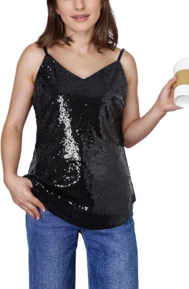 Womens Sequin Tank Top Sparkly V Neck Sleeveless Cami Top Shimmer Glitter Camisole Summer Going Out Vest