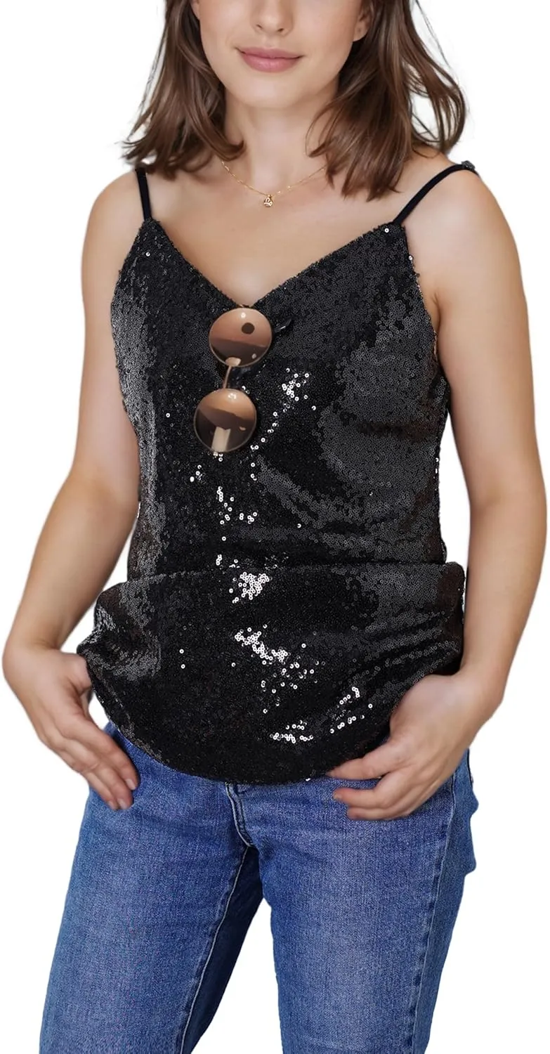 Womens Sequin Tank Top Sparkly V Neck Sleeveless Cami Top Shimmer Glitter Camisole Summer Going Out Vest