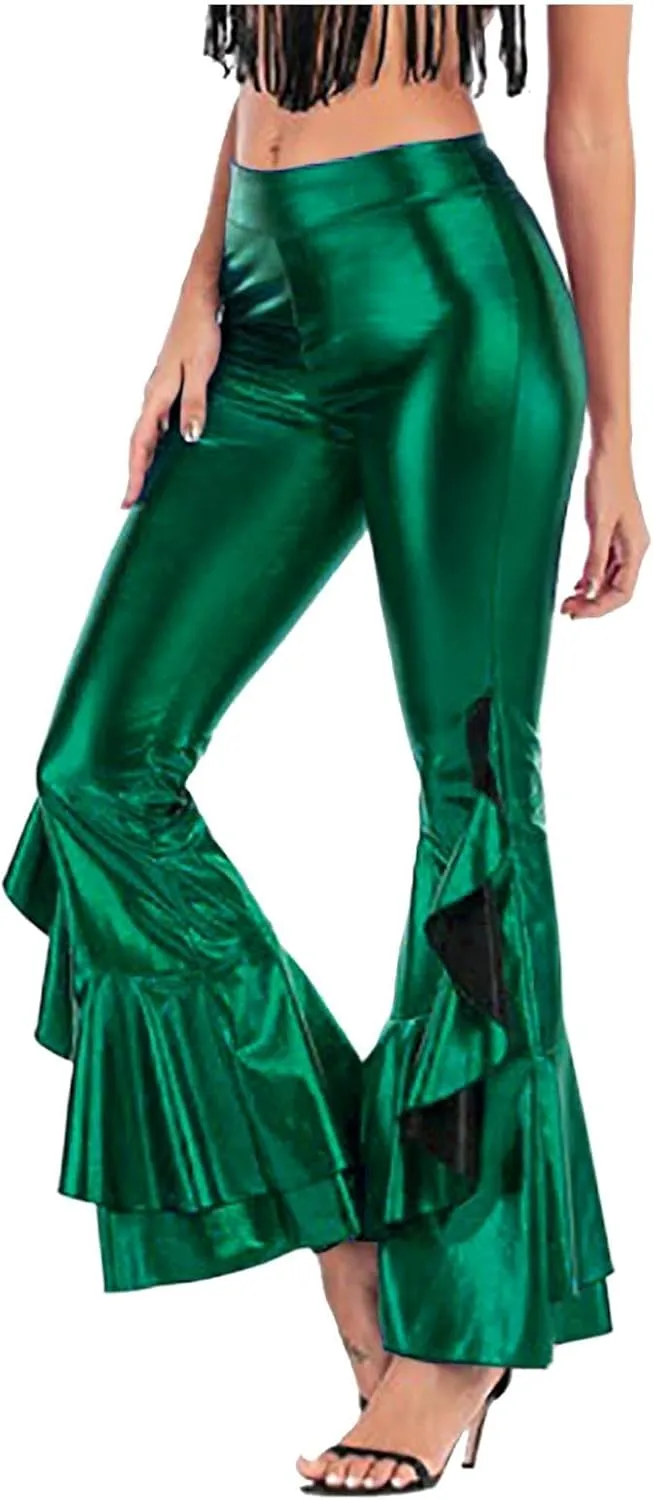 Women's Shiny Metallic Leggings Dressy 70s Vintage High Waisted Bell Bottom Ruffle Flare Dance Palazzo Casual Pants