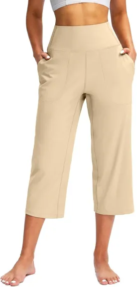 Womens Summer 3/4 Pants Flowy High Waisted Loose Casual Lounge Pant Wide Leg Palazzo Capris Elastic with Pockets
