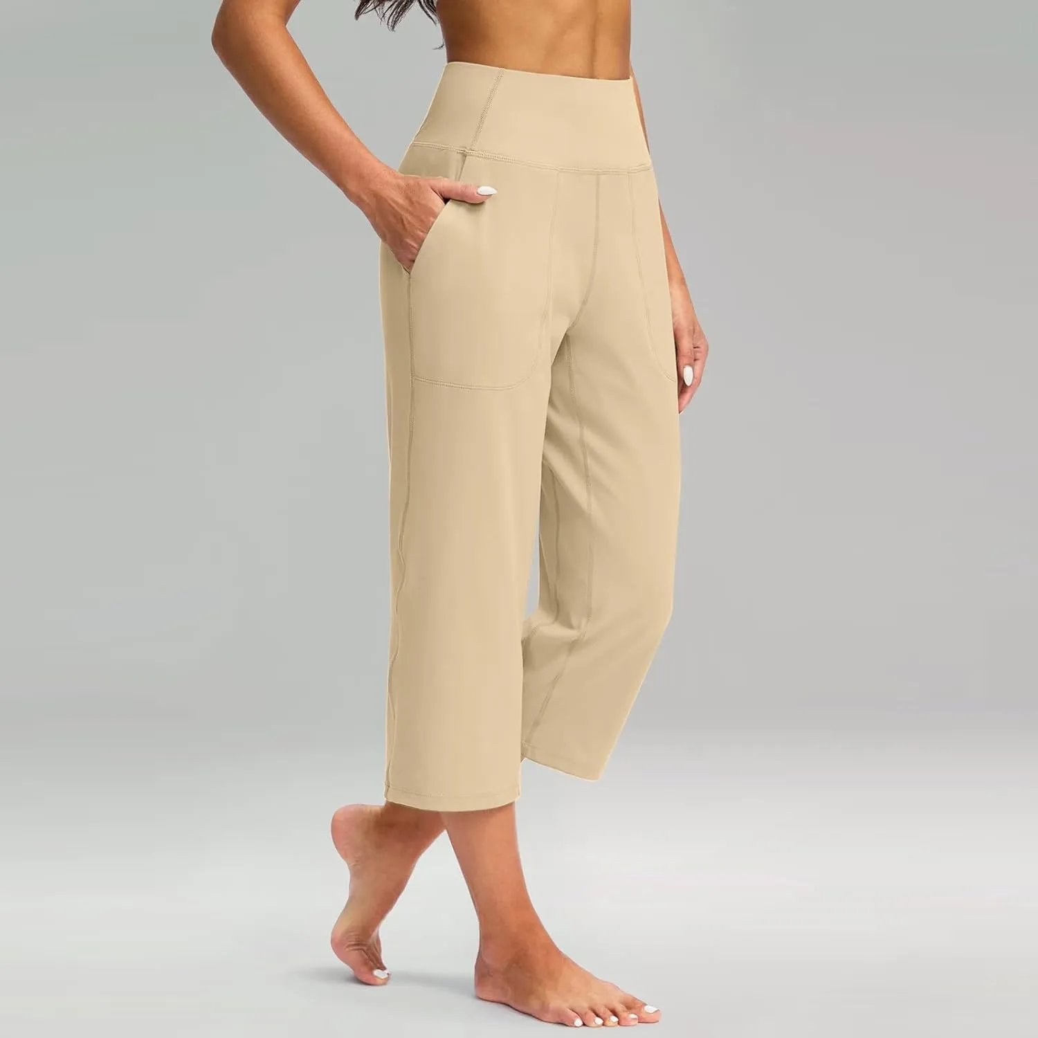 Womens Summer 3/4 Pants Flowy High Waisted Loose Casual Lounge Pant Wide Leg Palazzo Capris Elastic with Pockets
