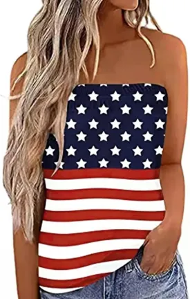 Women's Tube Tops Striped Backless Strapless Top Sleeveless American Flag Smocked Strapless Bandeau Tanks Top Shirt