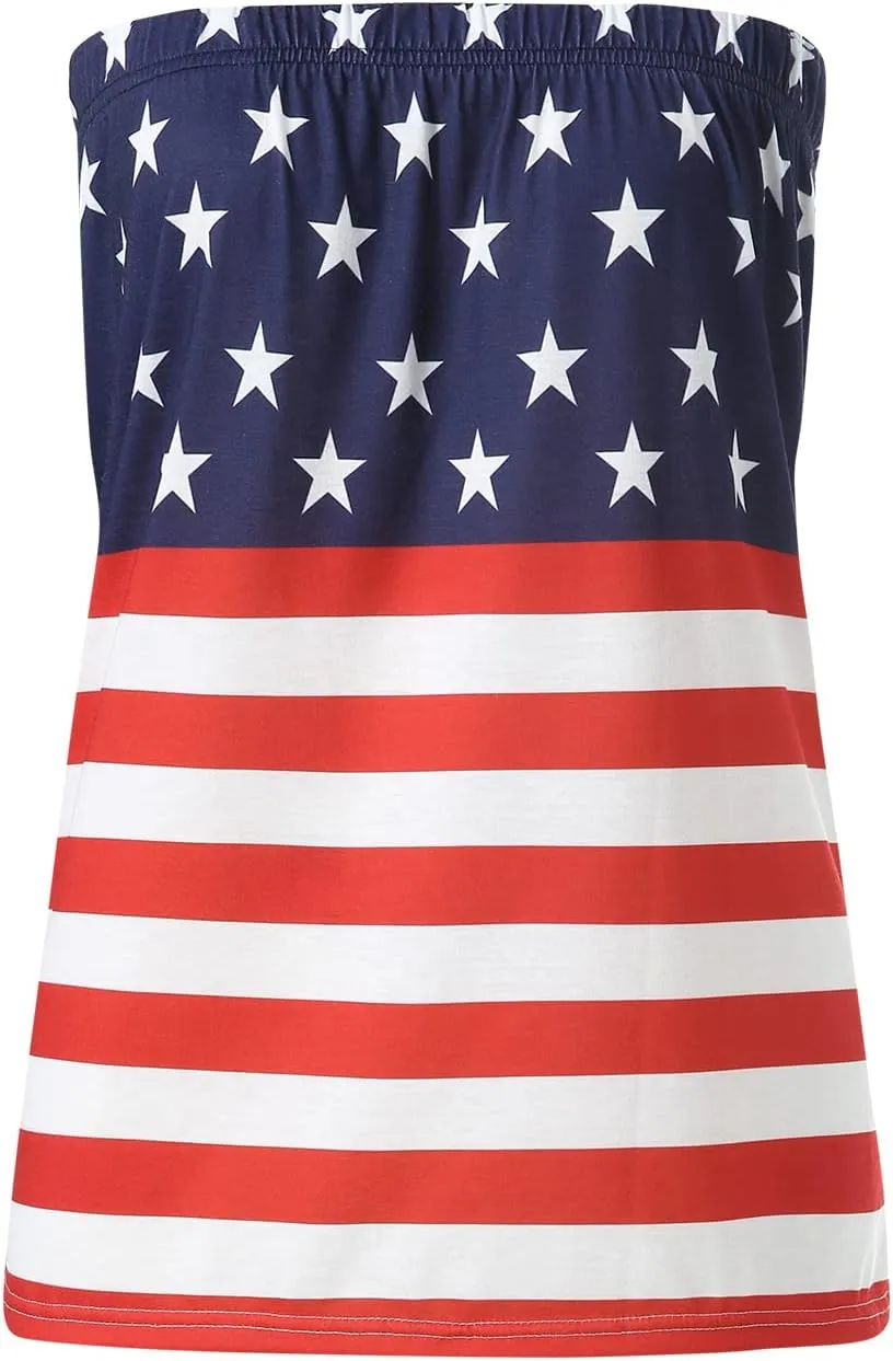 Women's Tube Tops Striped Backless Strapless Top Sleeveless American Flag Smocked Strapless Bandeau Tanks Top Shirt