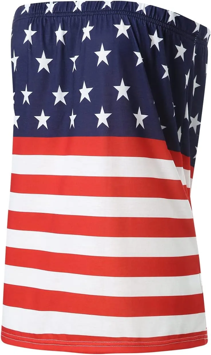 Women's Tube Tops Striped Backless Strapless Top Sleeveless American Flag Smocked Strapless Bandeau Tanks Top Shirt