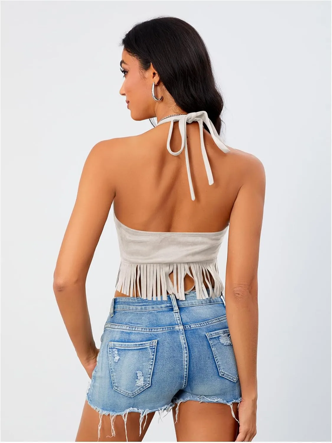 Women's Y2K Fringe Halter Western Cowgirl Tie Tank Top Tassel Rivet Faux Suede Hippie Crop Top 70s 60s Vintage